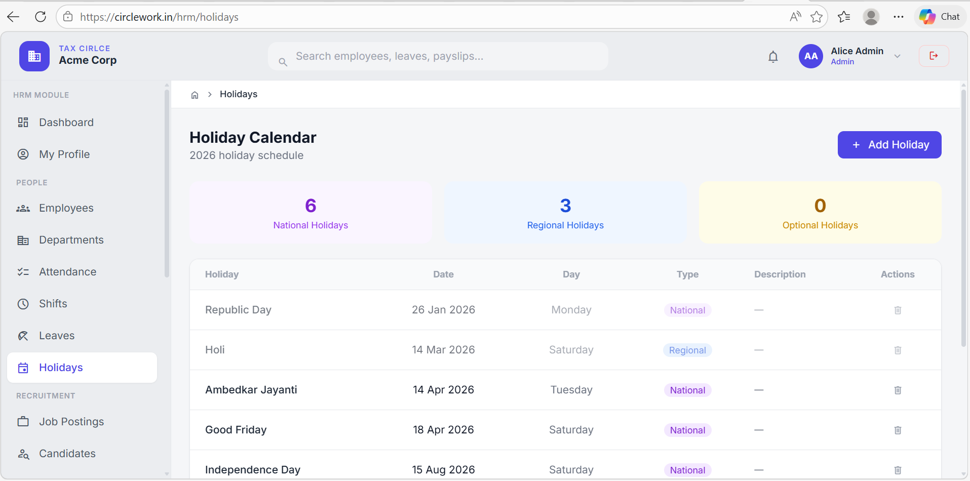Holiday Calendar